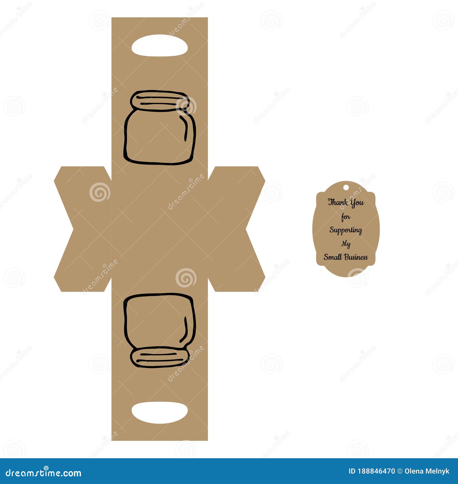 simple packaging box die cut cube template with jar and tag with text Ã¢â¬Åthank you for supporting my small businessÃ¢â¬Â on white